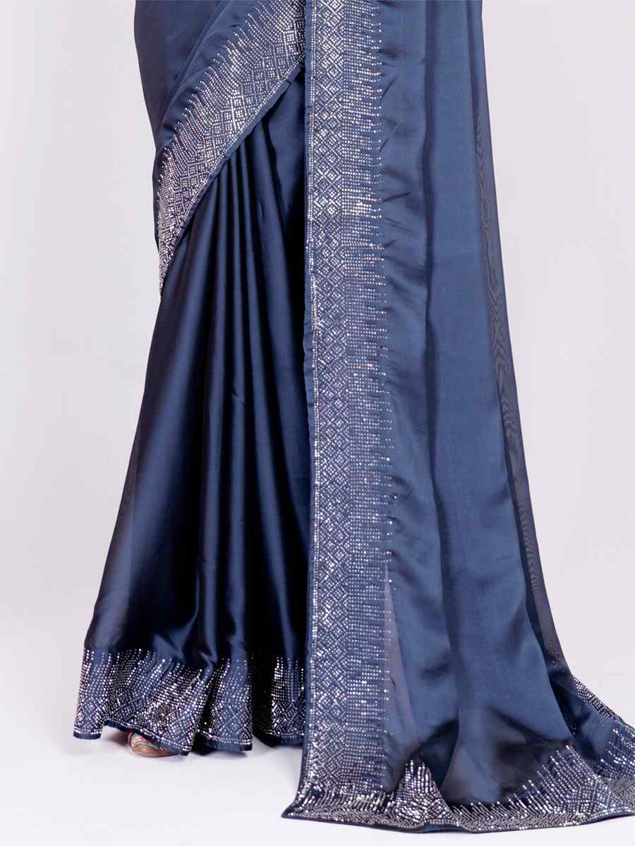 Navy Blue Rangoli Embroidered Wedding Party Heavy Border Saree