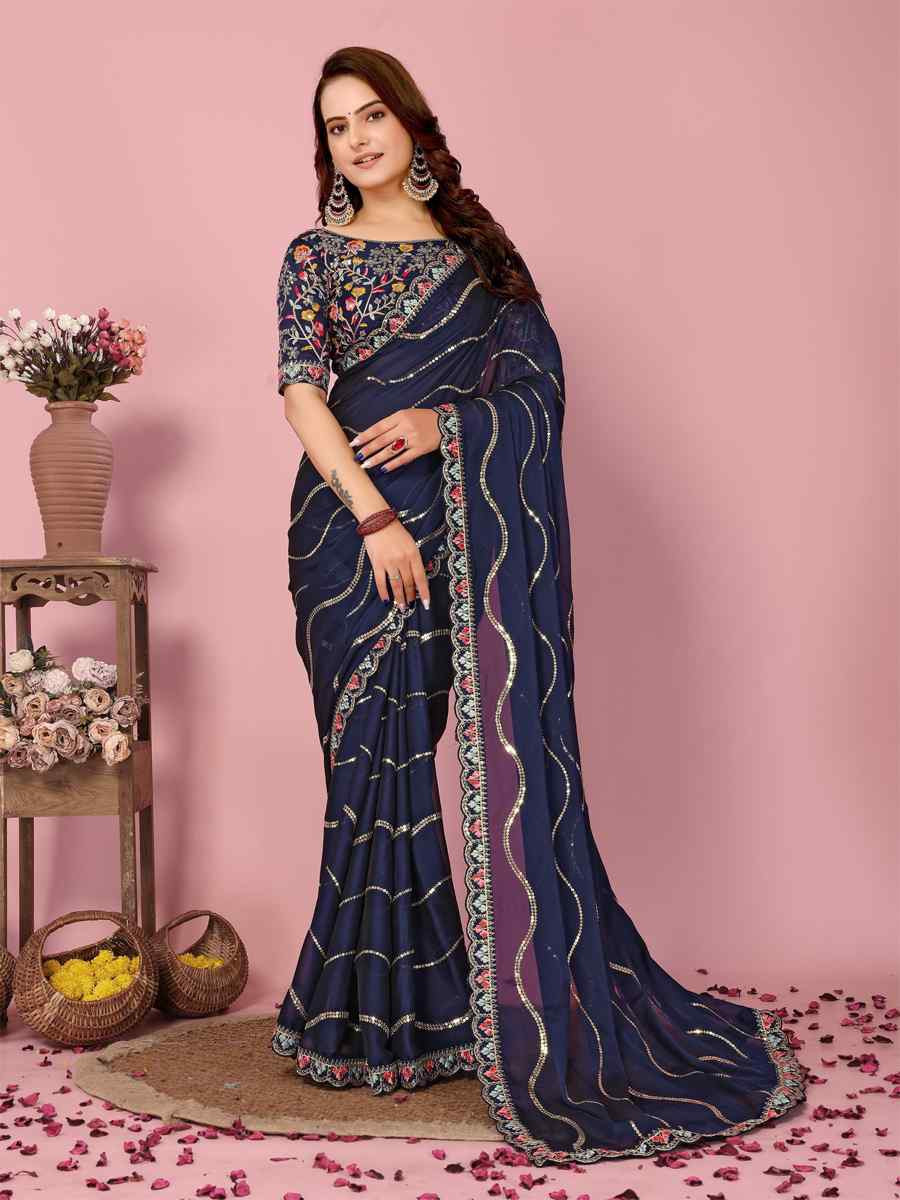 Navy Blue Rangoli Silk Embroidered Festival Party Classic Style Saree