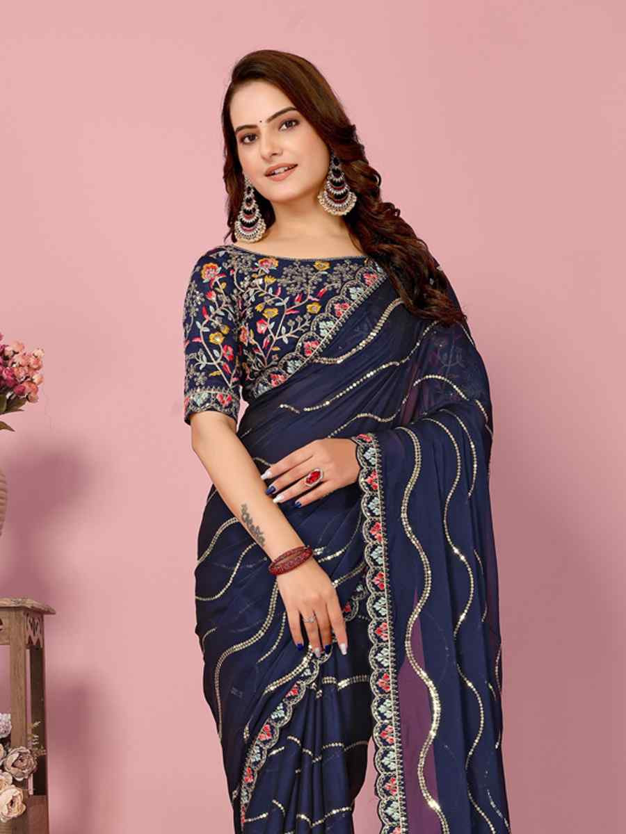 Navy Blue Rangoli Silk Embroidered Festival Party Classic Style Saree