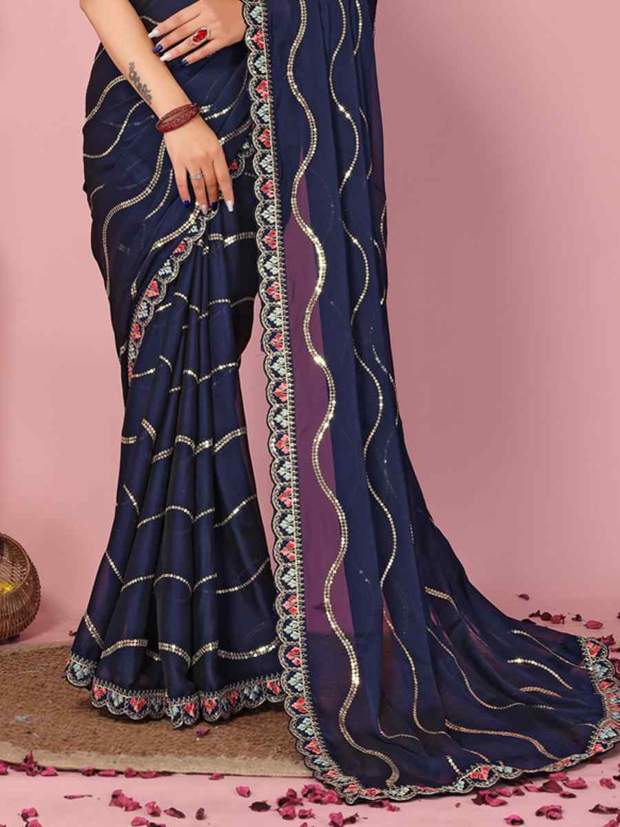 Navy Blue Rangoli Silk Embroidered Festival Party Classic Style Saree