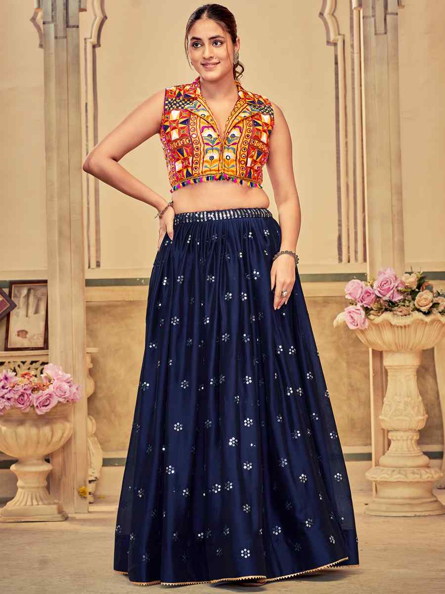 Navy Blue Rangoli Silk Embroidery Reception Festival Heavy Border Lehenga Choli