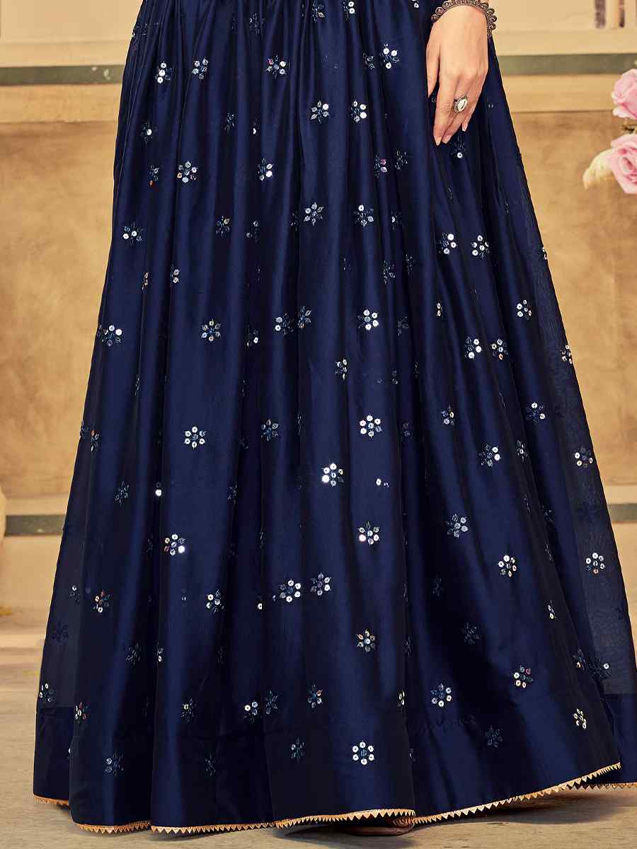 Navy Blue Rangoli Silk Embroidery Reception Festival Heavy Border Lehenga Choli