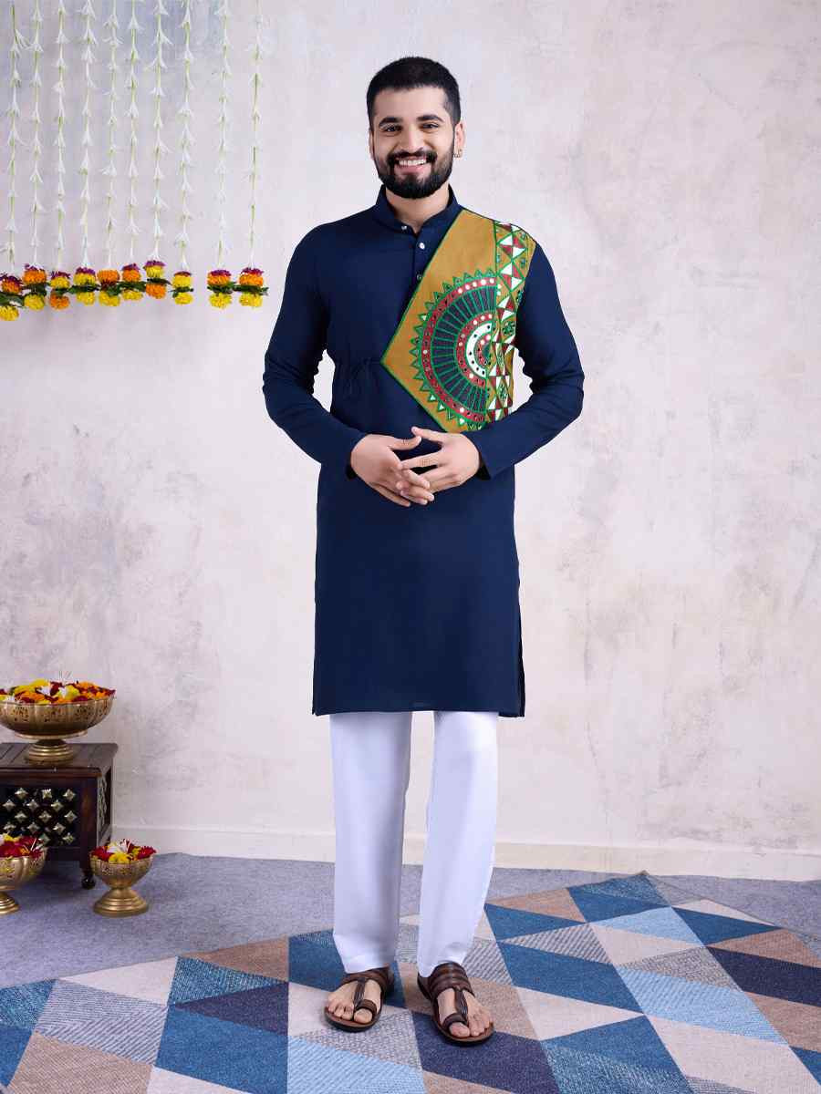 Navy Blue Rayon Embroidered Festival Casual Kurta