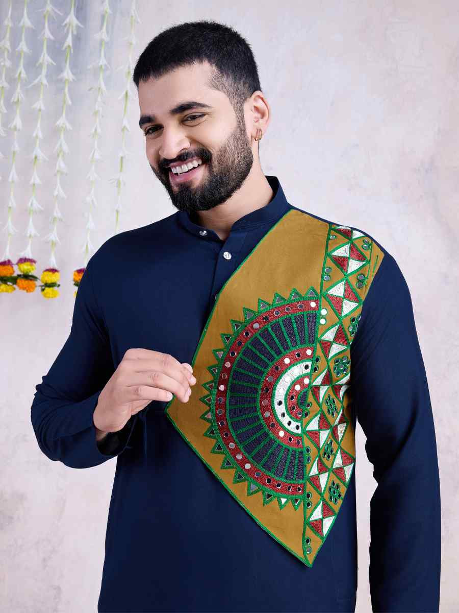 Navy Blue Rayon Embroidered Festival Casual Kurta