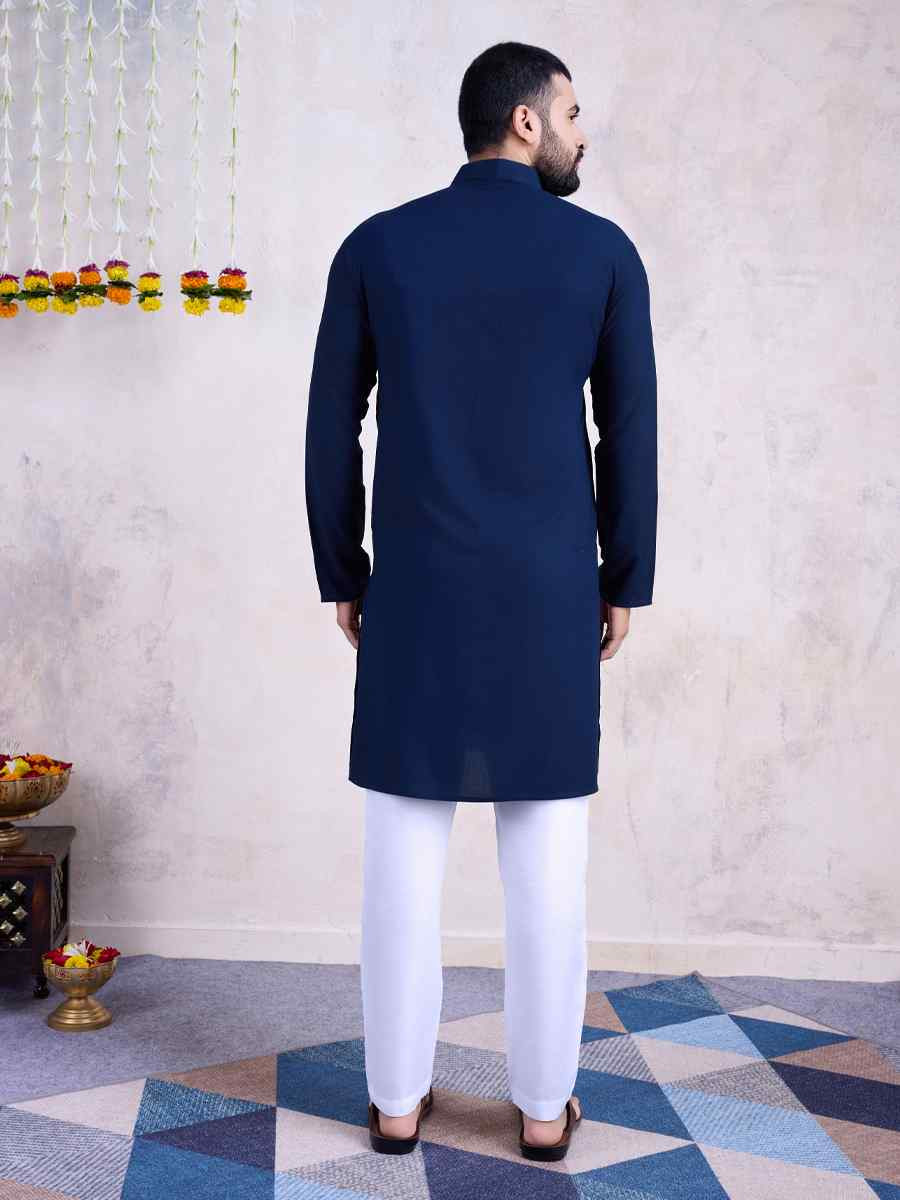 Navy Blue Rayon Embroidered Festival Casual Kurta