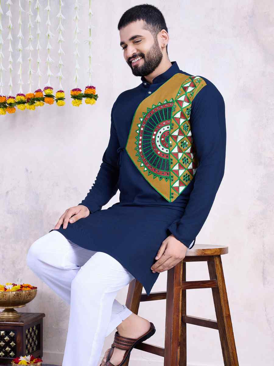 Navy Blue Rayon Embroidered Festival Casual Kurta