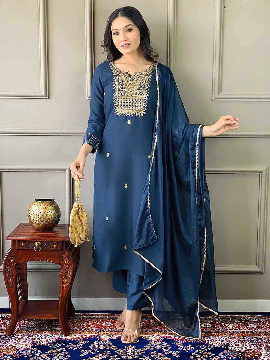 Navy Blue Rayon Slub Embroidered Festival Casual Ready Pant Salwar Kameez