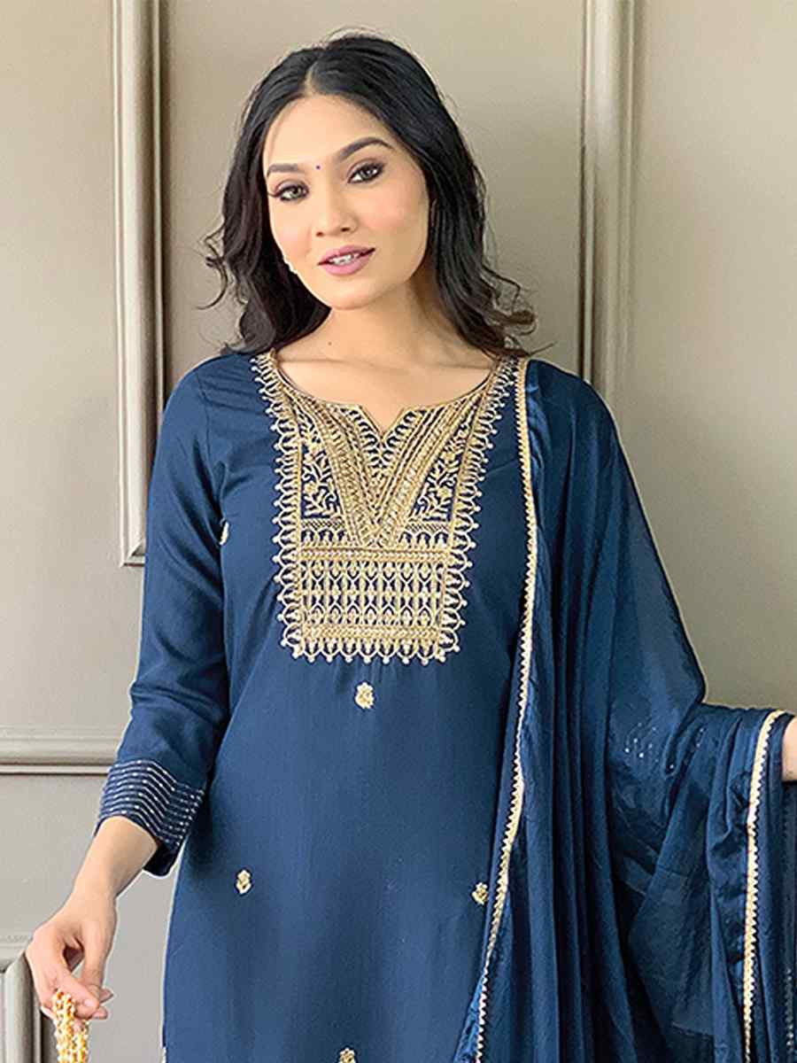 Navy Blue Rayon Slub Embroidered Festival Casual Ready Pant Salwar Kameez