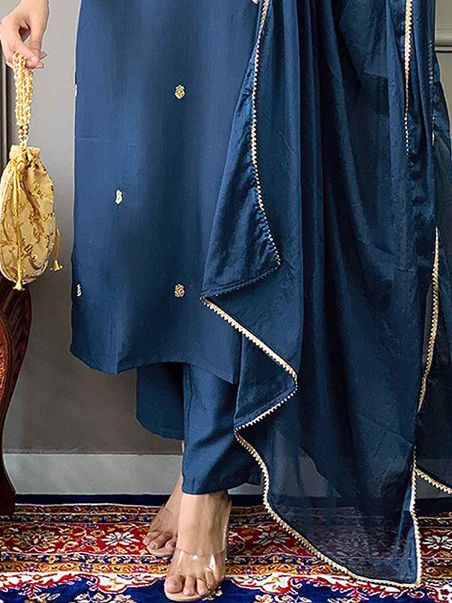 Navy Blue Rayon Slub Embroidered Festival Casual Ready Pant Salwar Kameez