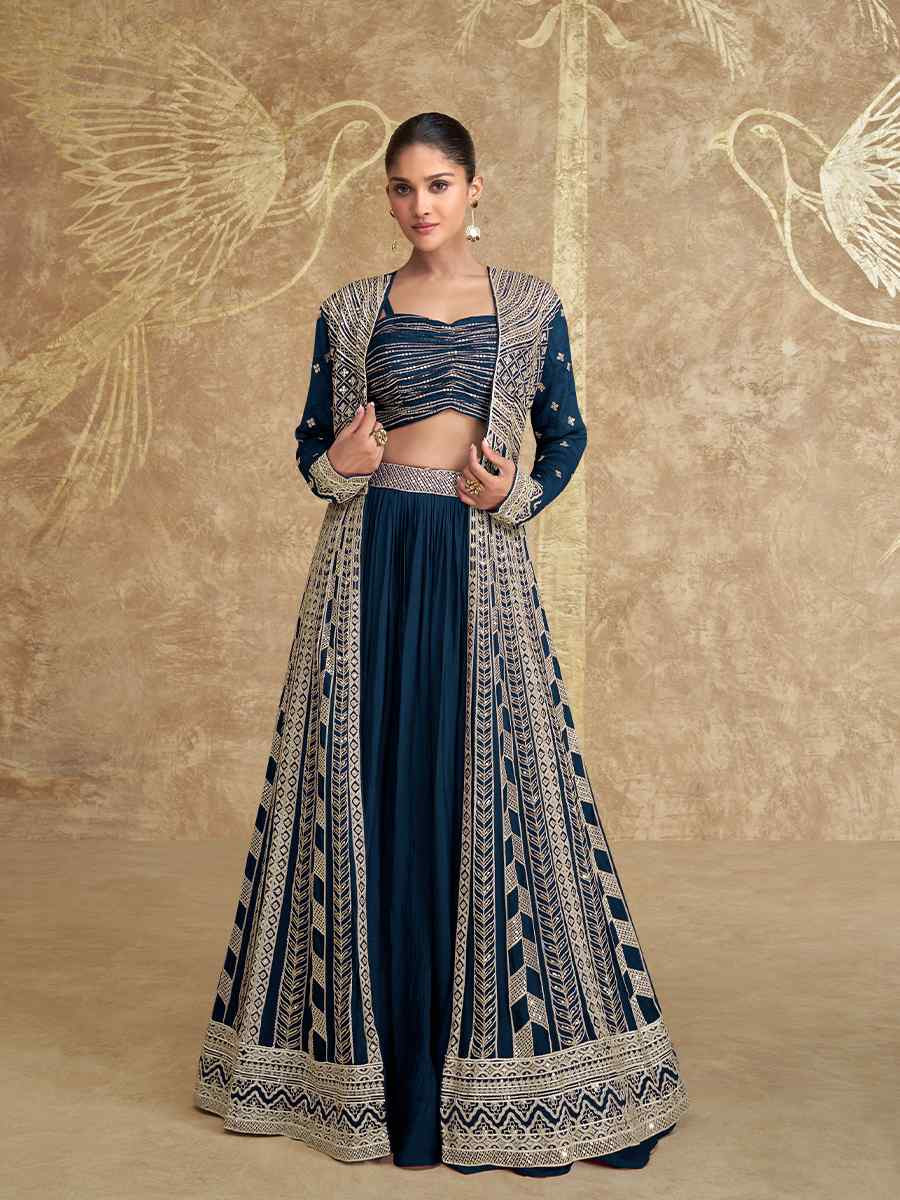 Navy Blue Real Premium Chinon Silk Embroidered Wedding Festival Kurti Lehenga Choli