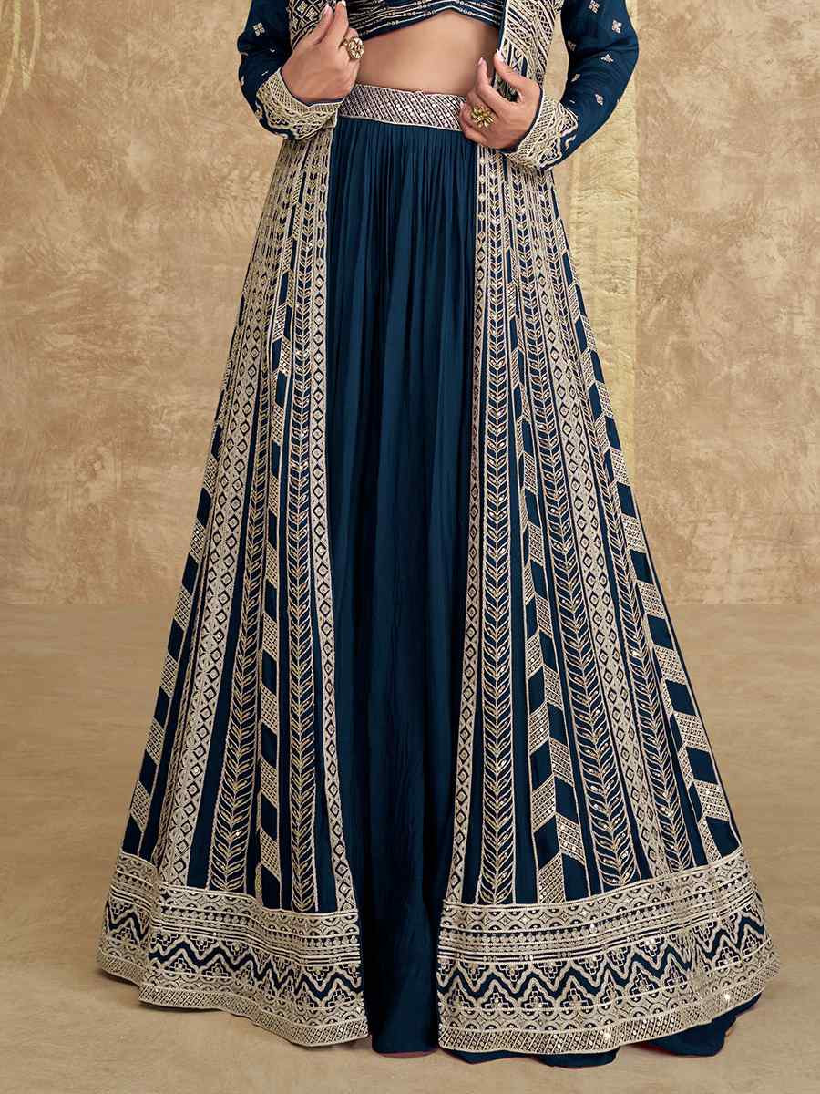 Navy Blue Real Premium Chinon Silk Embroidered Wedding Festival Kurti Lehenga Choli