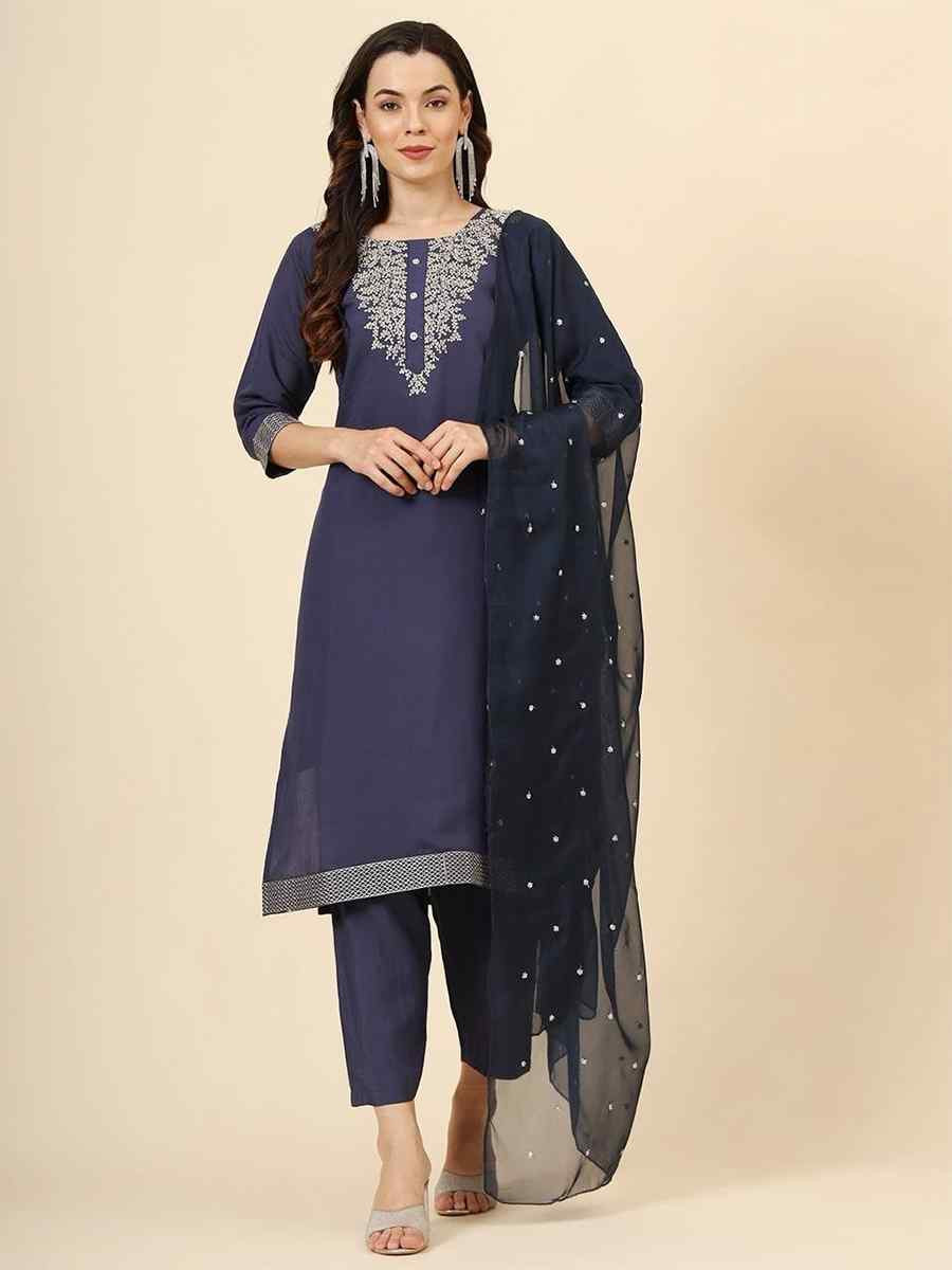 Navy Blue Roman Muslin Silk Embroidered Festival Casual Ready Pant Salwar Kameez