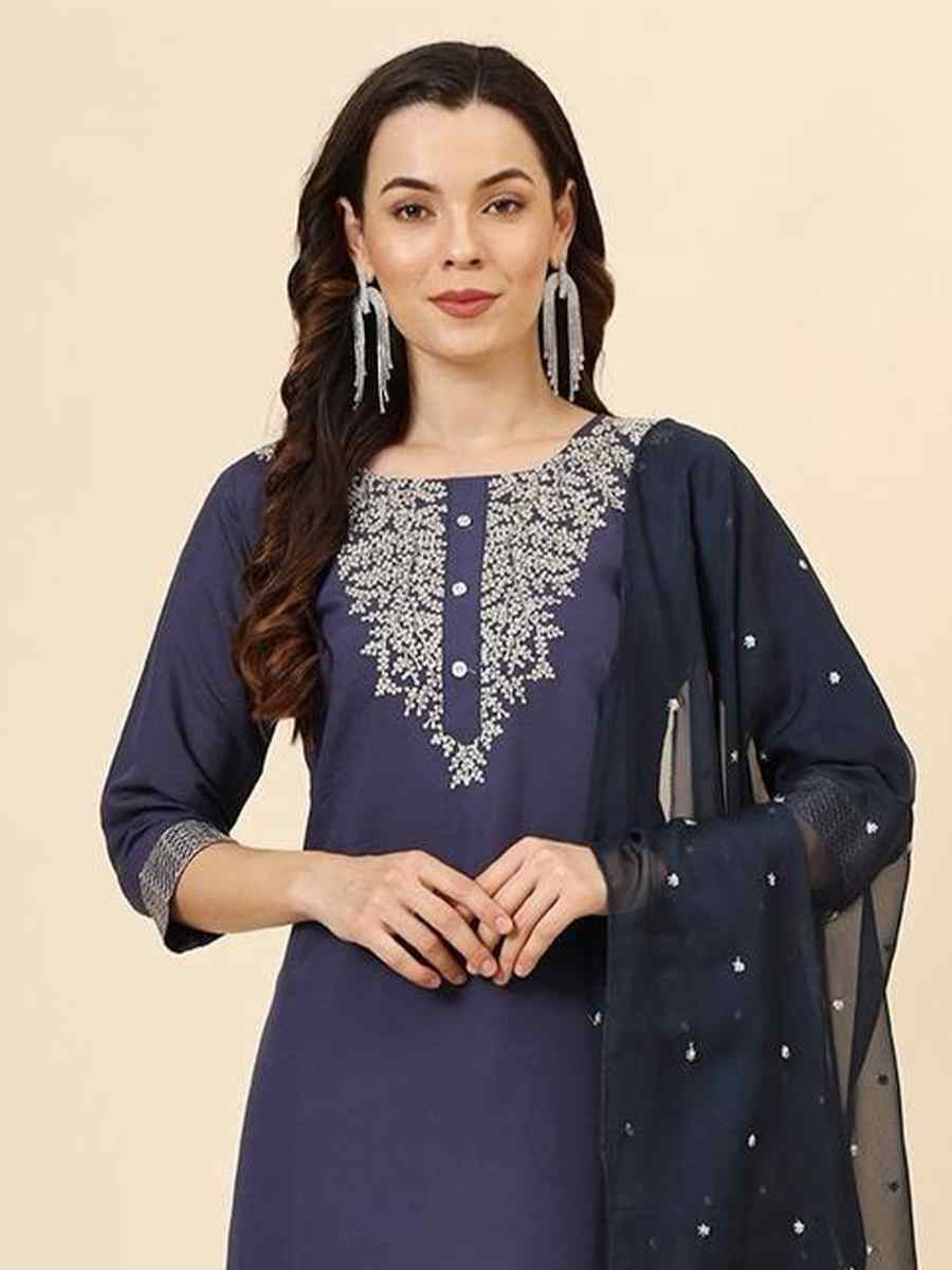 Navy Blue Roman Muslin Silk Embroidered Festival Casual Ready Pant Salwar Kameez