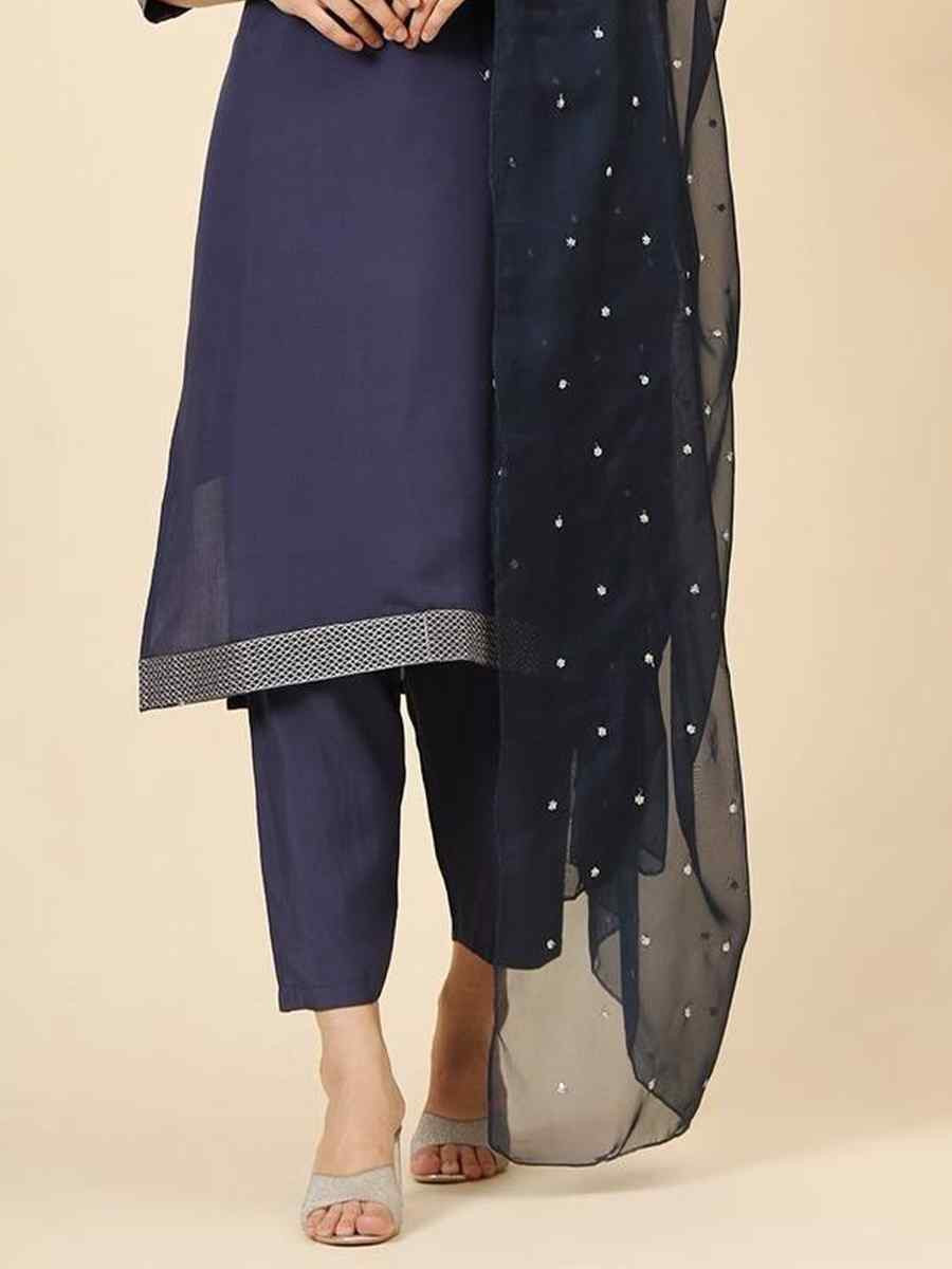 Navy Blue Roman Muslin Silk Embroidered Festival Casual Ready Pant Salwar Kameez