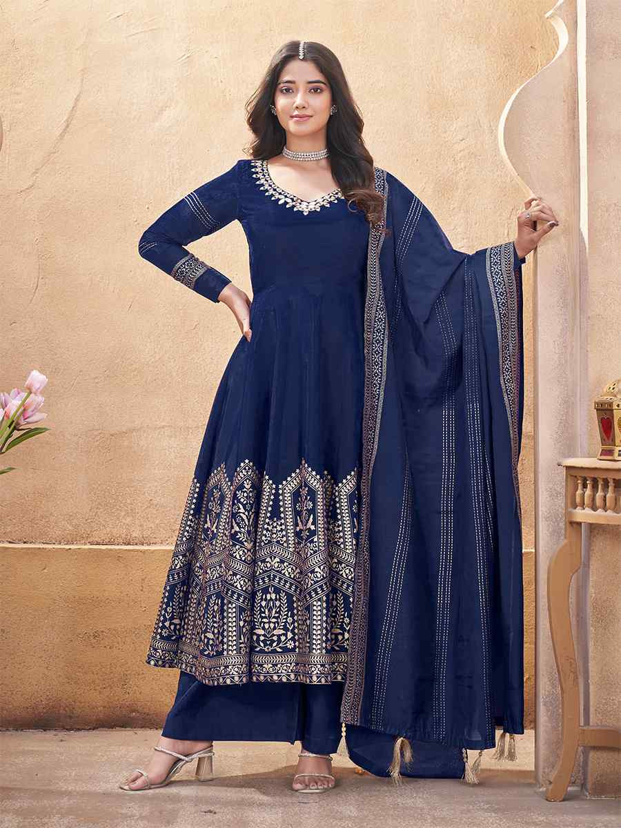 Navy Blue Roman Silk Printed Casual Festival Ready Palazzo Pant Salwar Kameez