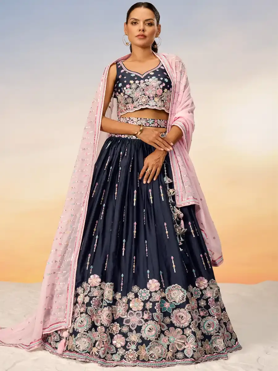 Navy Blue Satin Embroidery Reception Party Wear Heavy Border Lehenga Choli