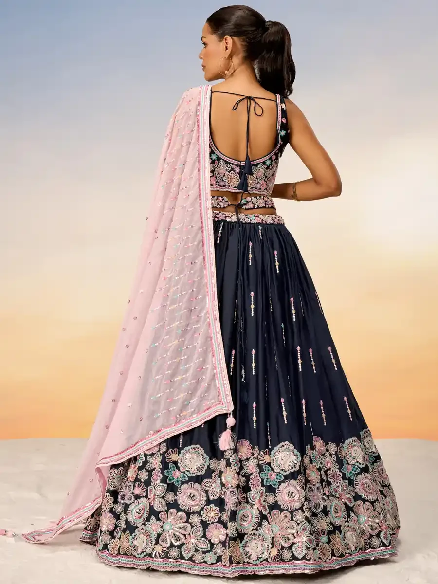 Navy Blue Satin Embroidery Reception Party Wear Heavy Border Lehenga Choli