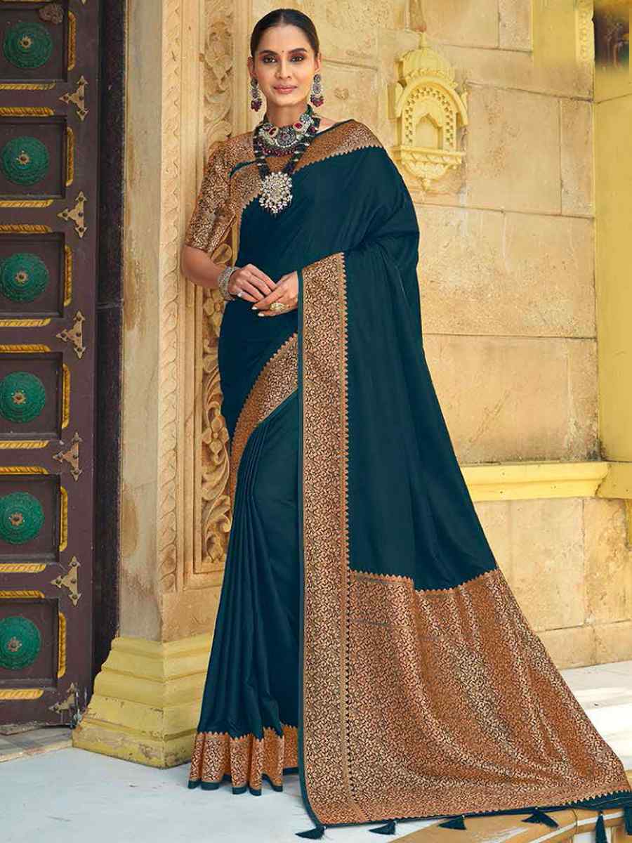 Navy Blue Silk Handwoven Festival Wedding Heavy Border Saree