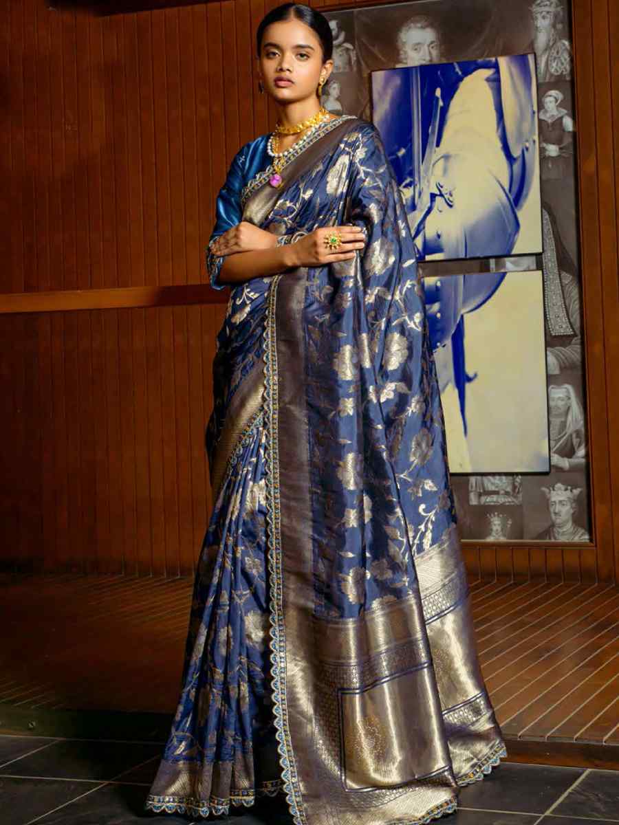 Navy Blue Silk Handwoven Festival Wedding Heavy Border Saree