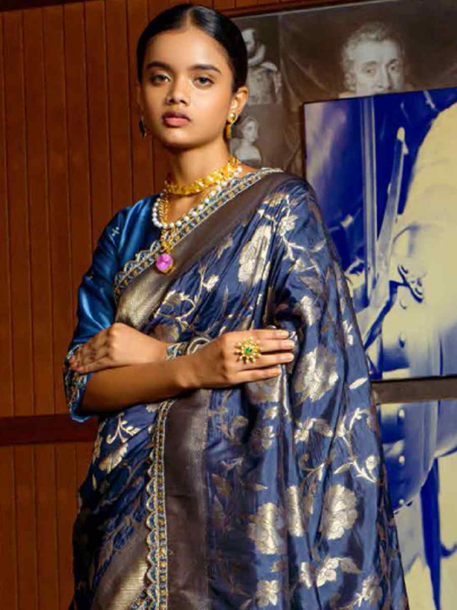 Navy Blue Silk Handwoven Festival Wedding Heavy Border Saree