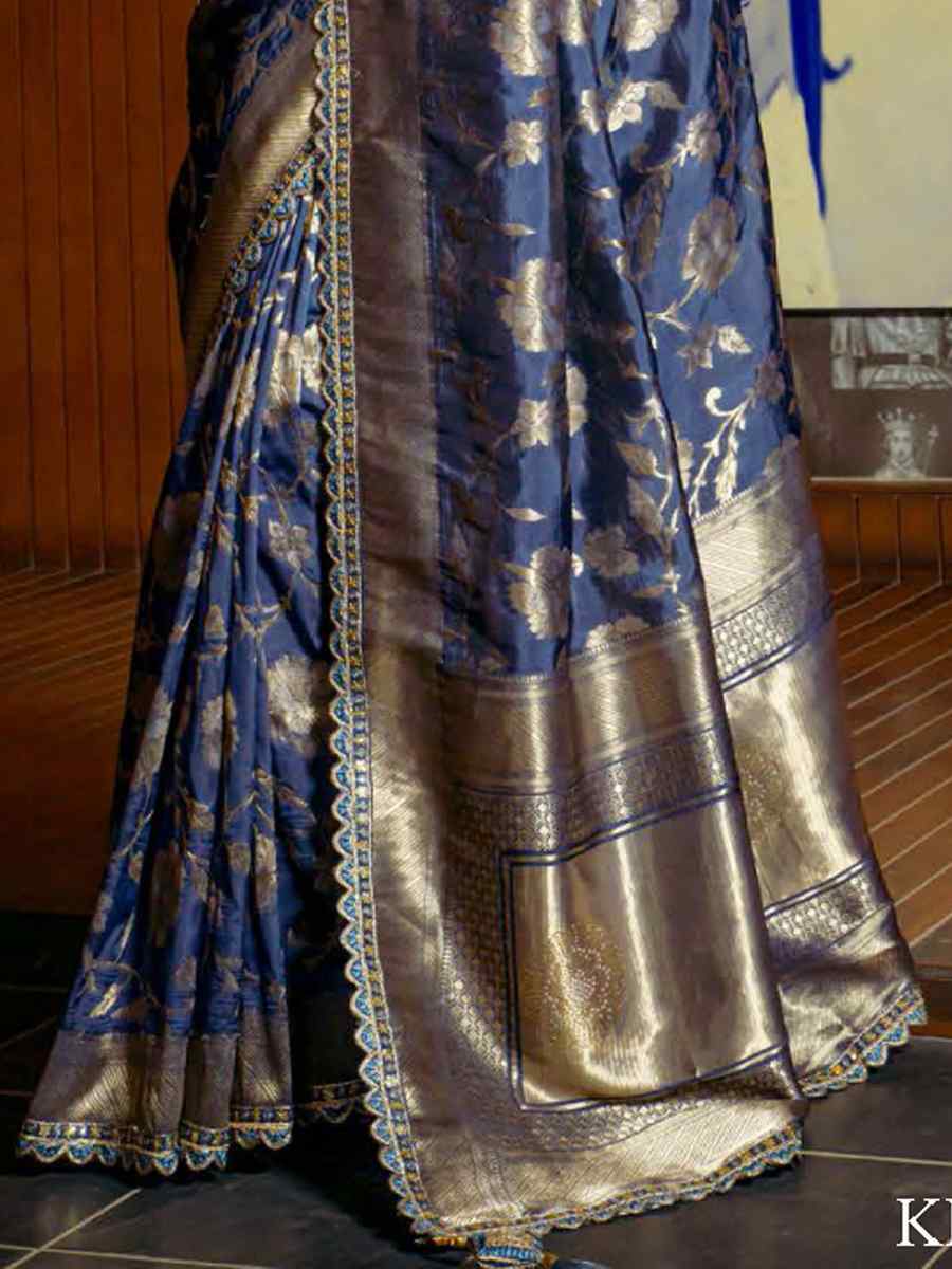 Navy Blue Silk Handwoven Festival Wedding Heavy Border Saree