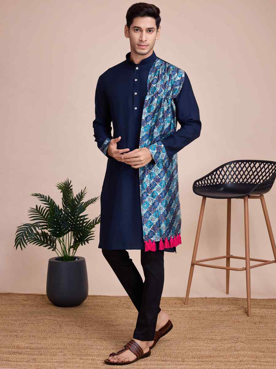 Navy Blue Silk Woven Festival Casual Kurta