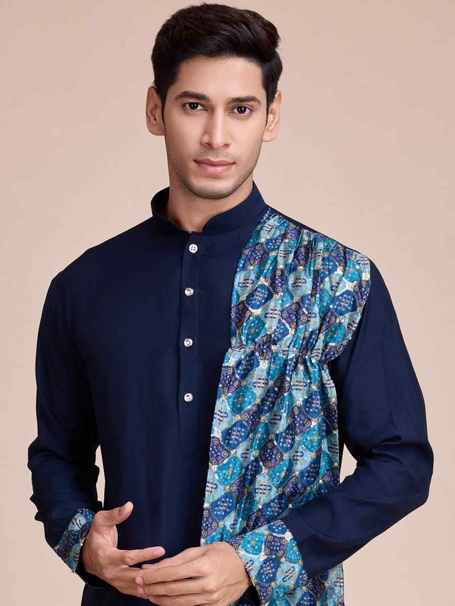 Navy Blue Silk Woven Festival Casual Kurta