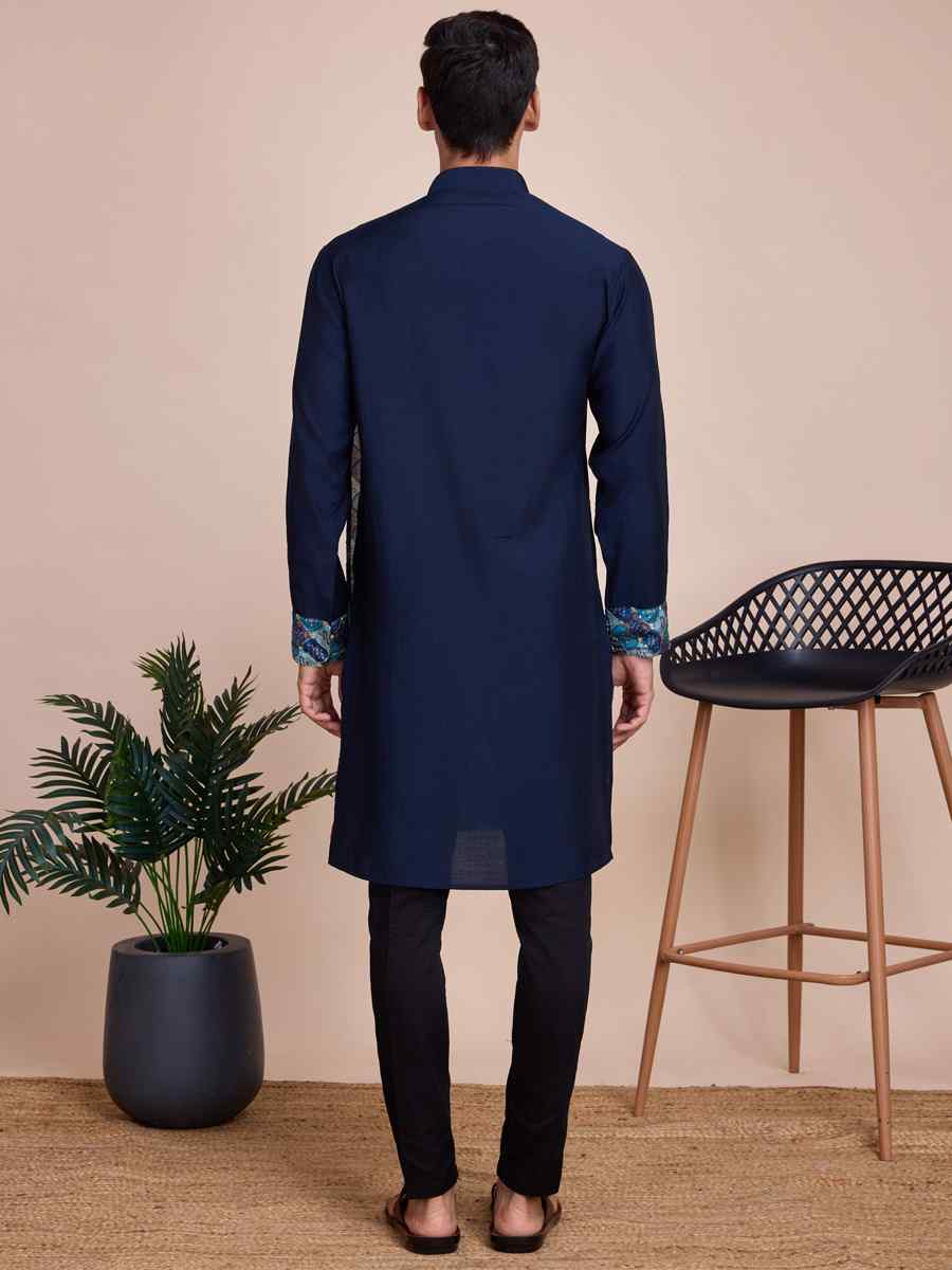 Navy Blue Silk Woven Festival Casual Kurta