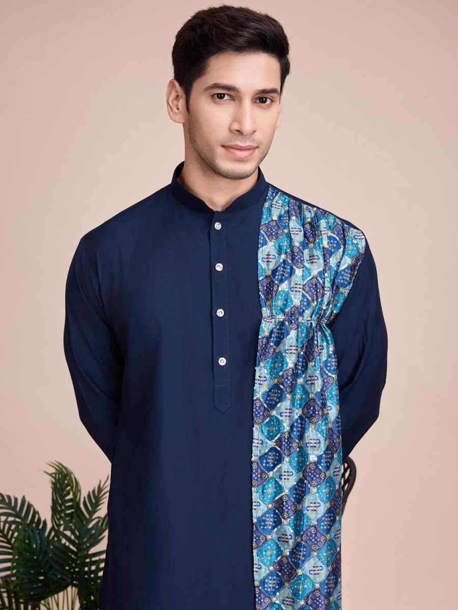 Navy Blue Silk Woven Festival Casual Kurta