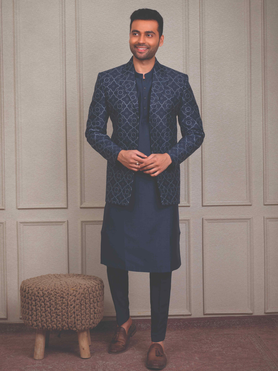 Navy Blue Silk Woven Groom Wedding Kurta