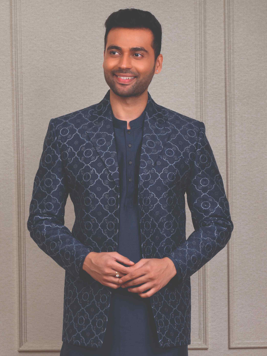 Navy Blue Silk Woven Groom Wedding Kurta