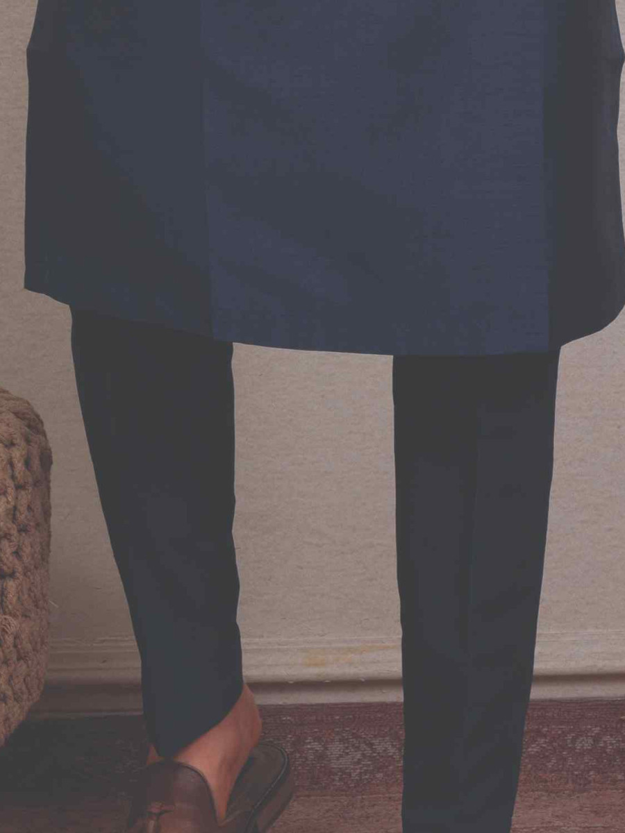 Navy Blue Silk Woven Groom Wedding Kurta