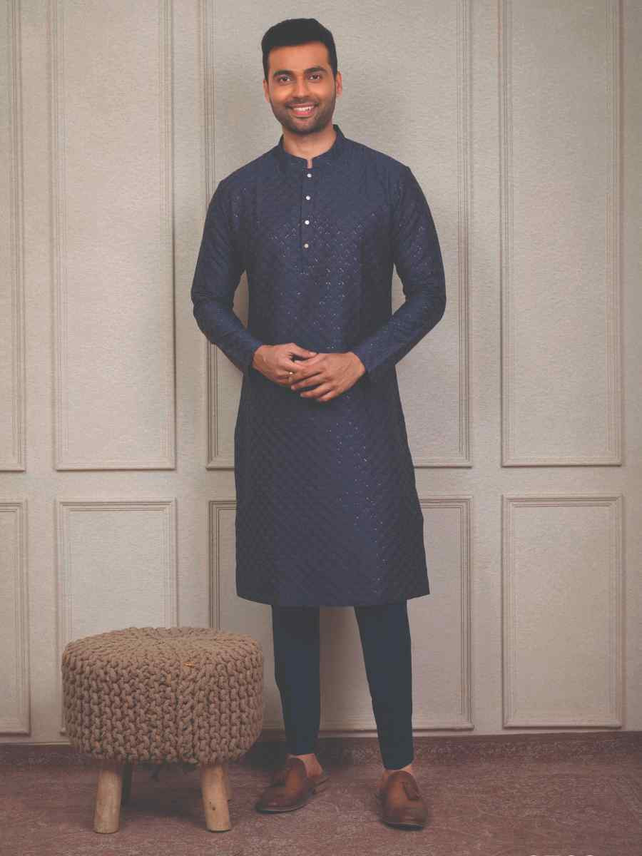 Navy Blue Silk Woven Party Wedding Kurta