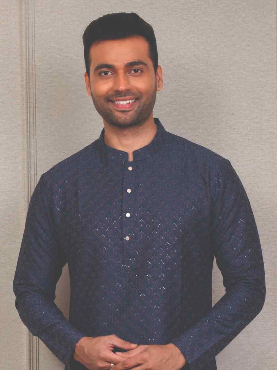 Navy Blue Silk Woven Party Wedding Kurta