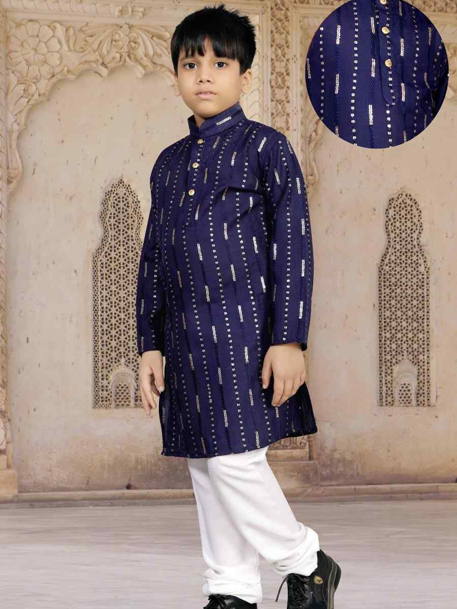 Navy Blue Soft Cotton Embroidered Wedding Casual Kurta Pyjama Boys Wear