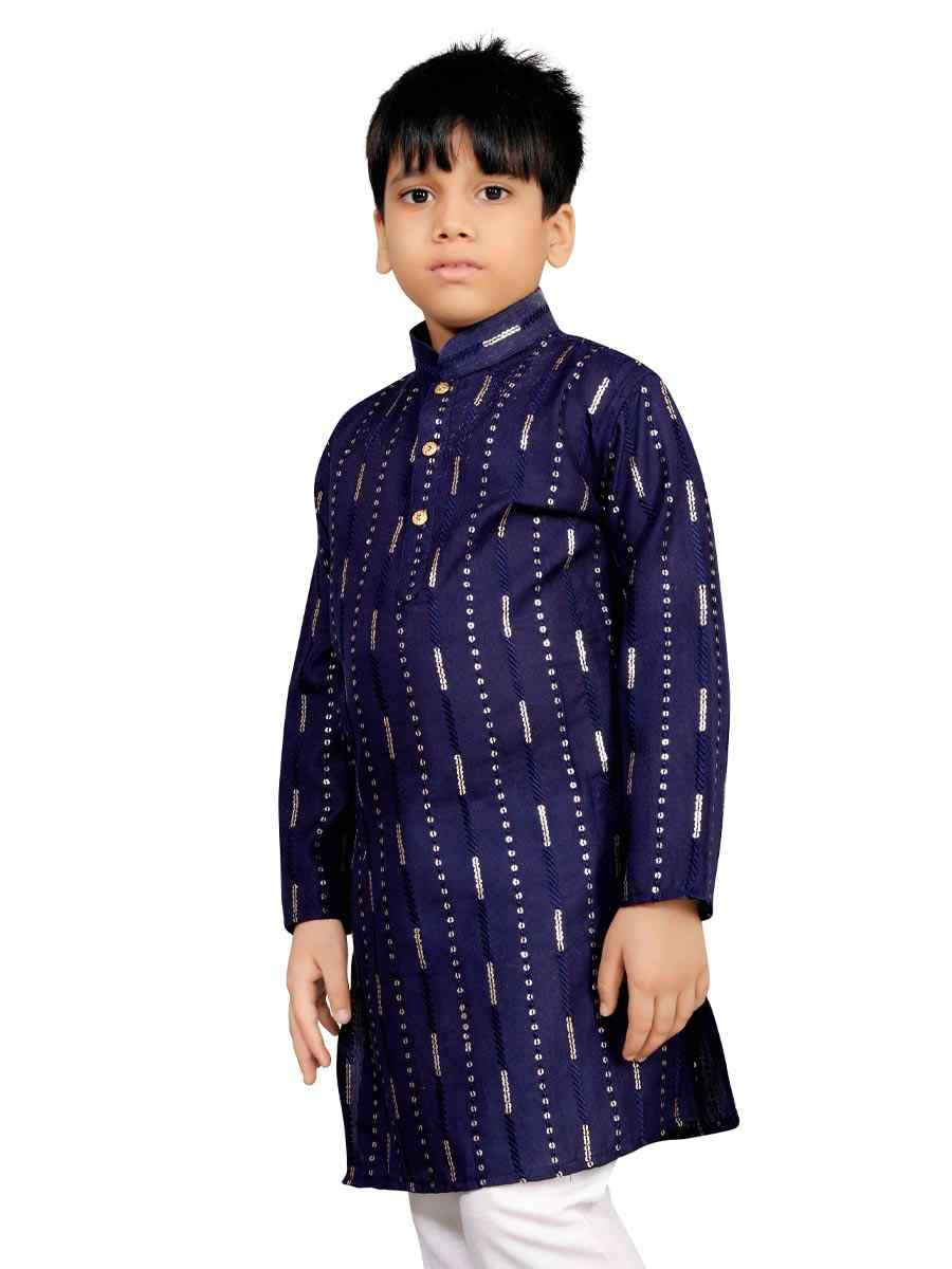 Navy Blue Soft Cotton Embroidered Wedding Casual Kurta Pyjama Boys Wear