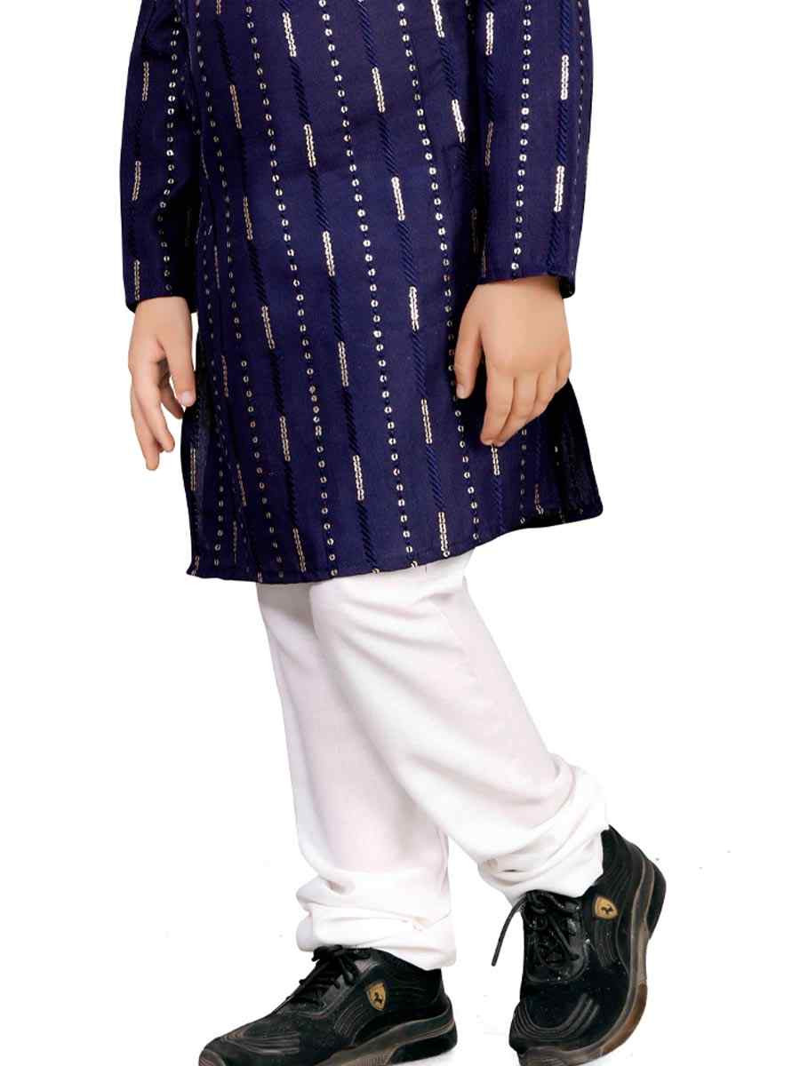 Navy Blue Soft Cotton Embroidered Wedding Casual Kurta Pyjama Boys Wear