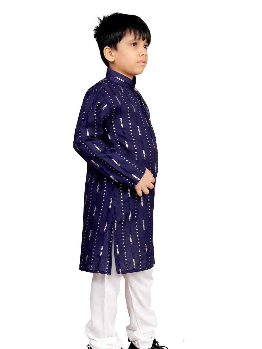 Navy Blue Soft Cotton Embroidered Wedding Casual Kurta Pyjama Boys Wear