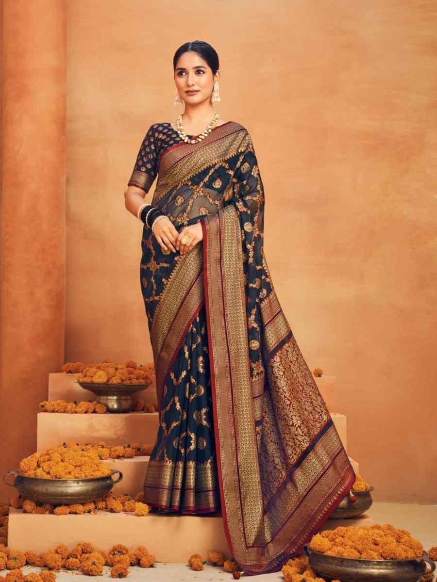 Navy Blue Soft Cotton Silk Sarees Printed Casual Festival Heavy Border Saree