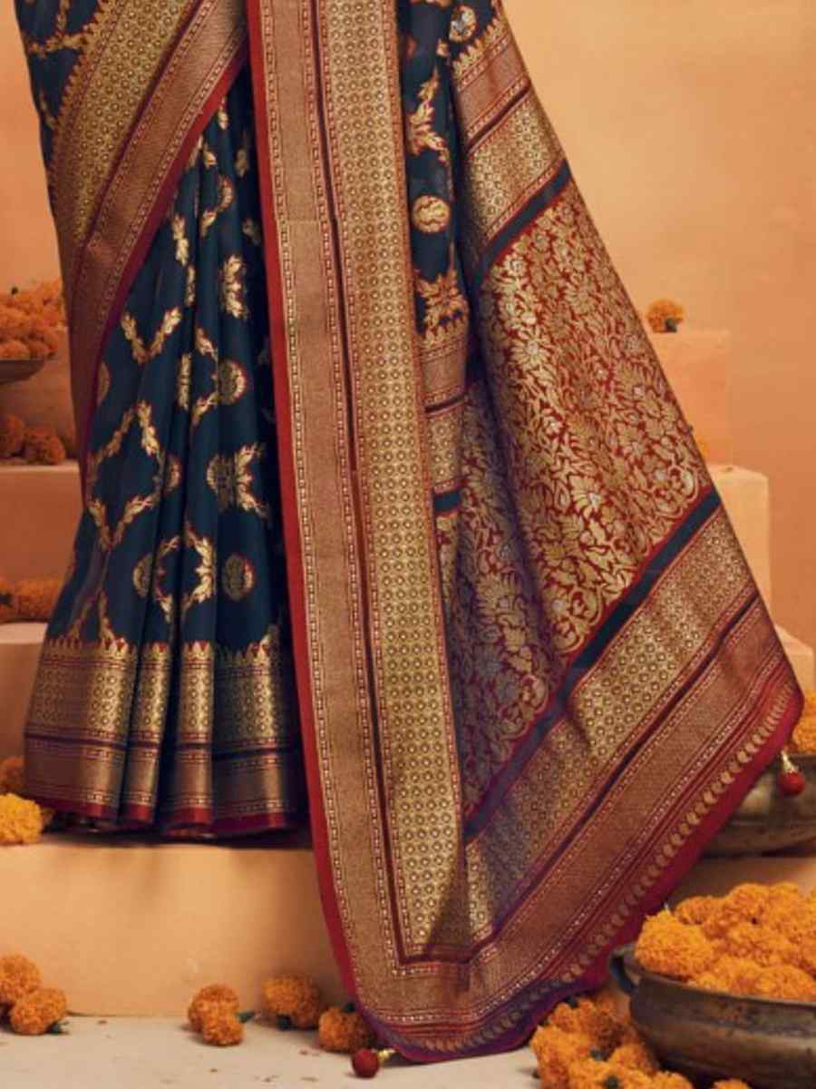 Navy Blue Soft Cotton Silk Sarees Printed Casual Festival Heavy Border Saree