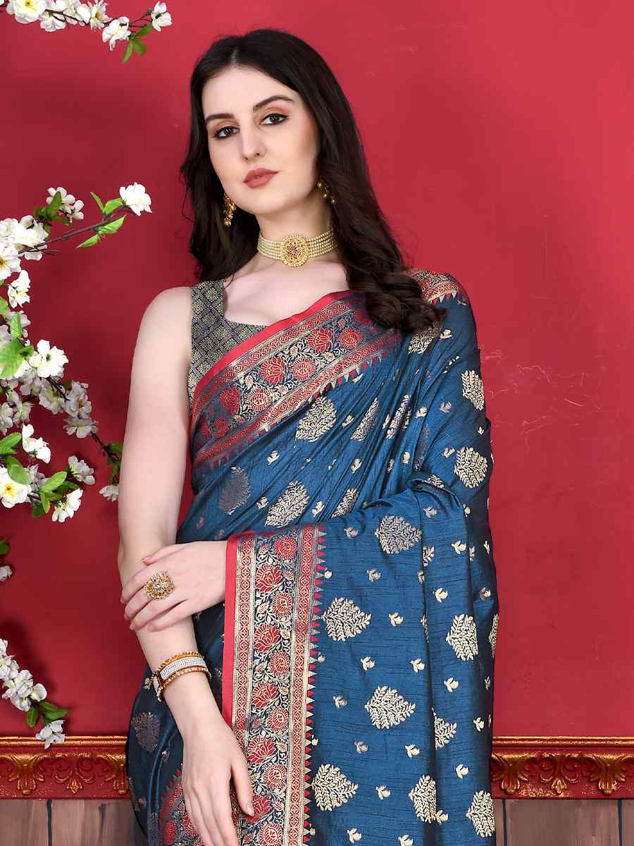 Navy Blue Soft Katan Silk Handwoven Party Festival Heavy Border Saree