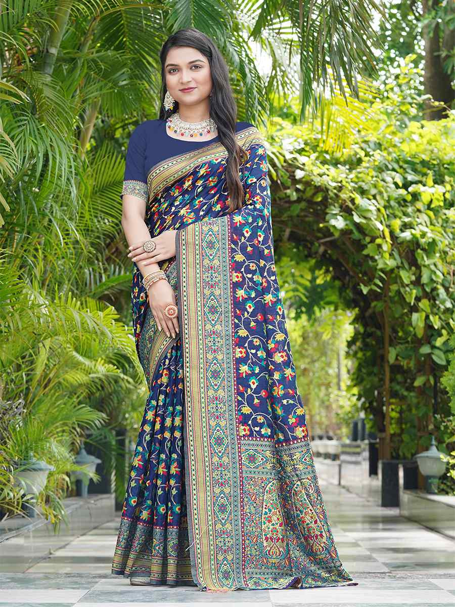 Navy Blue Soft Pashmina Handwoven Festival Wedding Heavy Border Saree