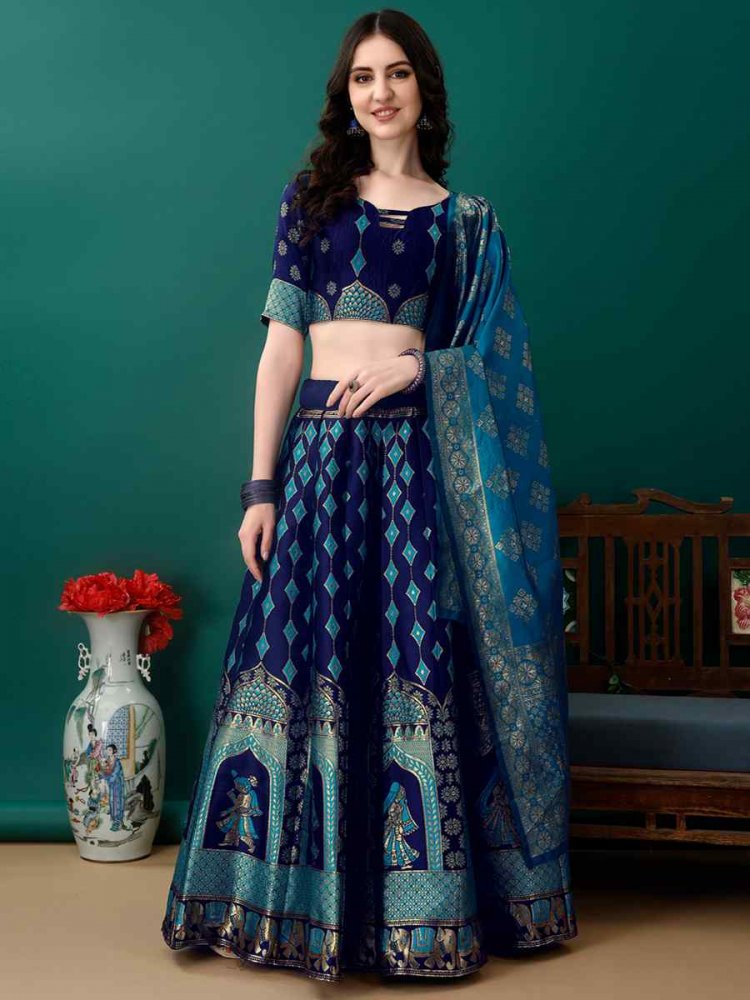 Navy Blue Soft Silk Jacquard Embroidery Bridesmaid Wedding Heavy Border Lehenga Choli