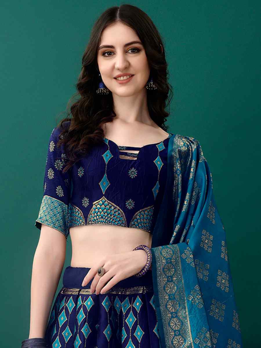 Navy Blue Soft Silk Jacquard Embroidery Bridesmaid Wedding Heavy Border Lehenga Choli