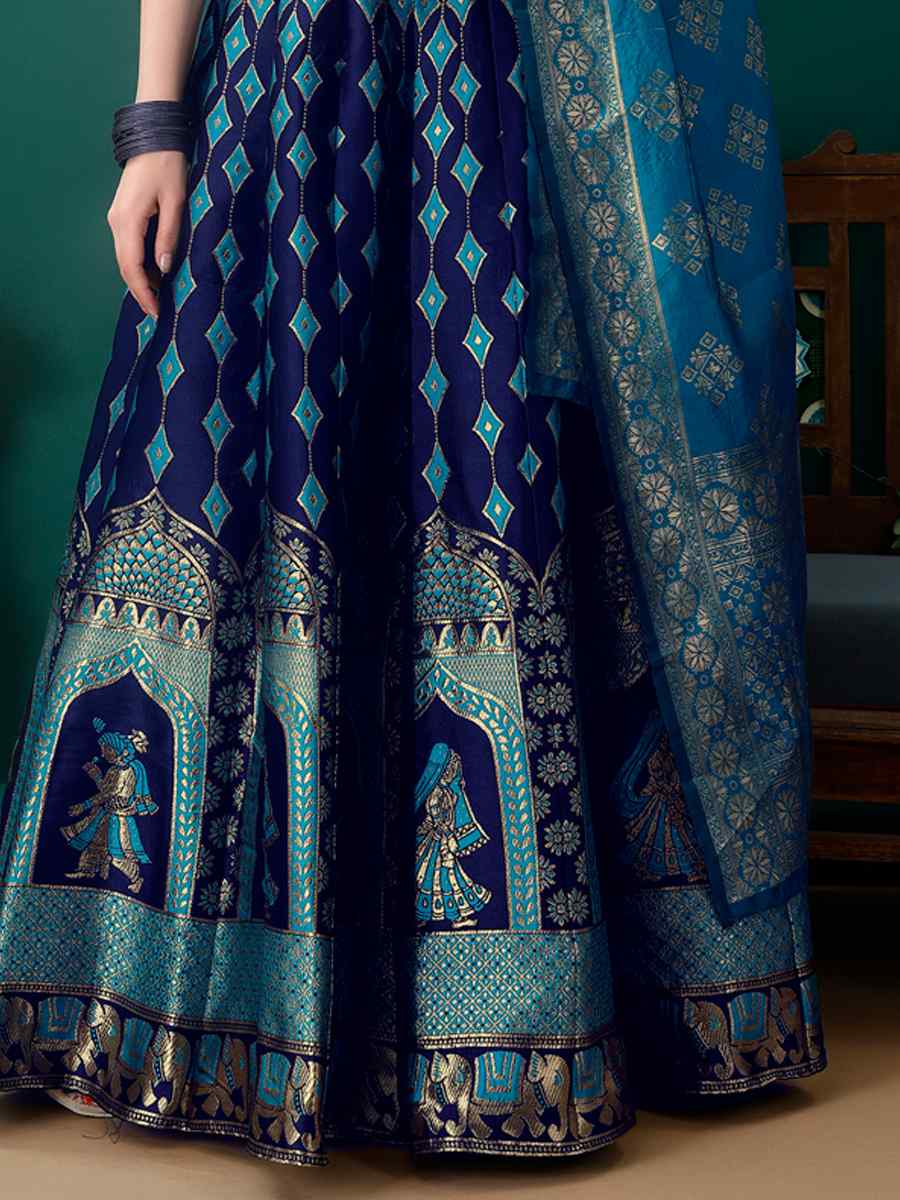 Navy Blue Soft Silk Jacquard Embroidery Bridesmaid Wedding Heavy Border Lehenga Choli