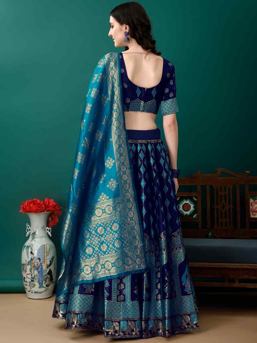 Navy Blue Soft Silk Jacquard Embroidery Bridesmaid Wedding Heavy Border Lehenga Choli