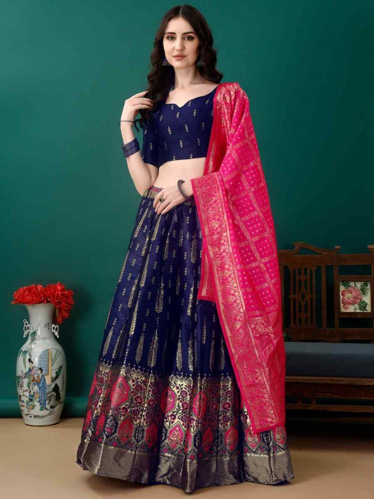 Navy Blue Soft Silk Jacquard Embroidery Bridesmaid Wedding Heavy Border Lehenga Choli