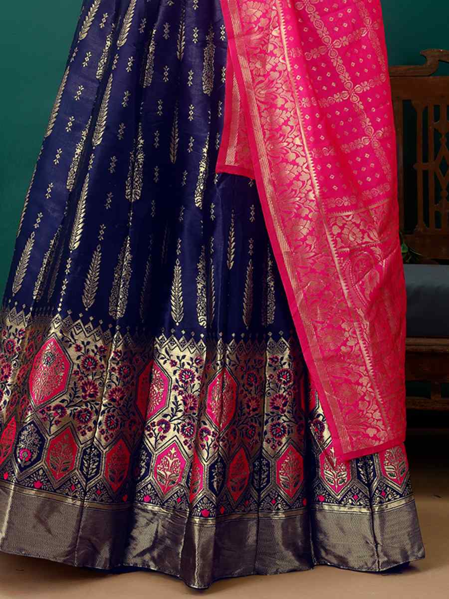 Navy Blue Soft Silk Jacquard Embroidery Bridesmaid Wedding Heavy Border Lehenga Choli