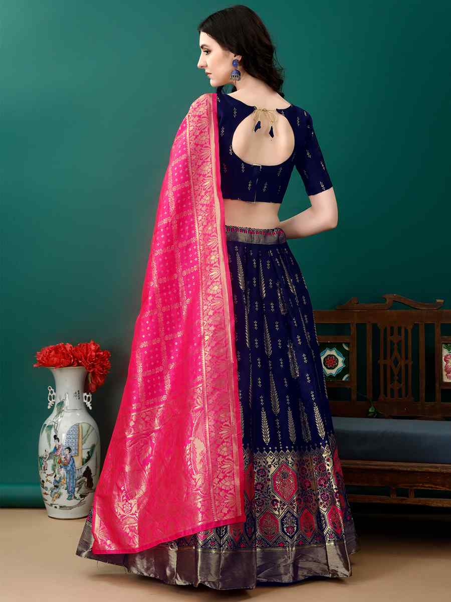 Navy Blue Soft Silk Jacquard Embroidery Bridesmaid Wedding Heavy Border Lehenga Choli