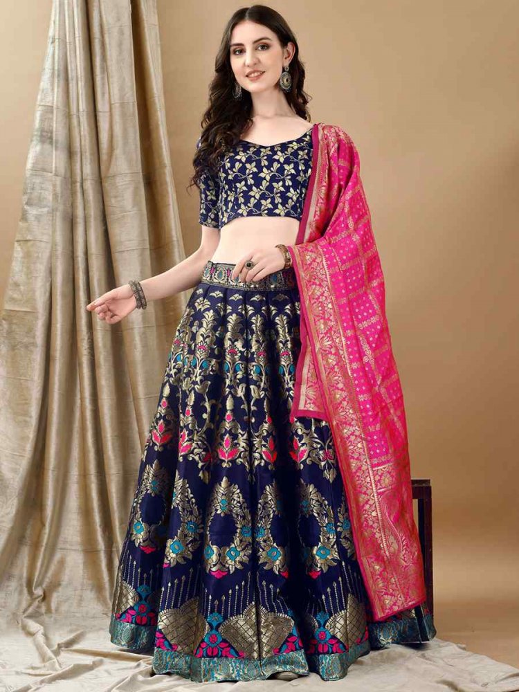 Navy Blue Soft Silk Jacquard Embroidery Bridesmaid Wedding Heavy Border Lehenga Choli